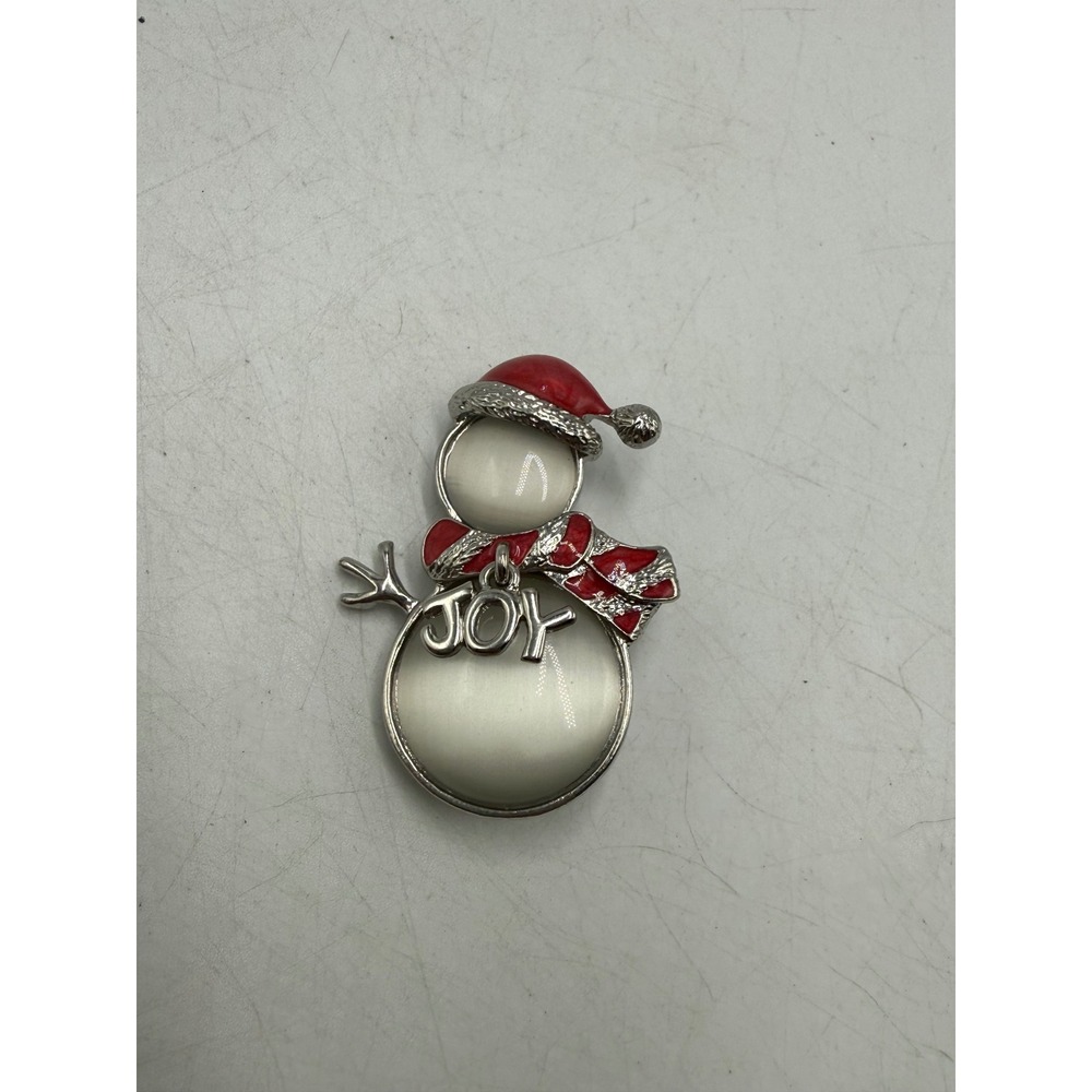 Christmas Snowman Brooch Silver Tone Red Enamel Joy Charm Holiday Pin